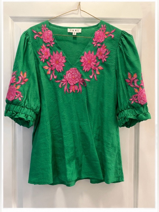 THML Tops - THML Green Embroidered Floral Puff Sleeve Blouse Size Medium